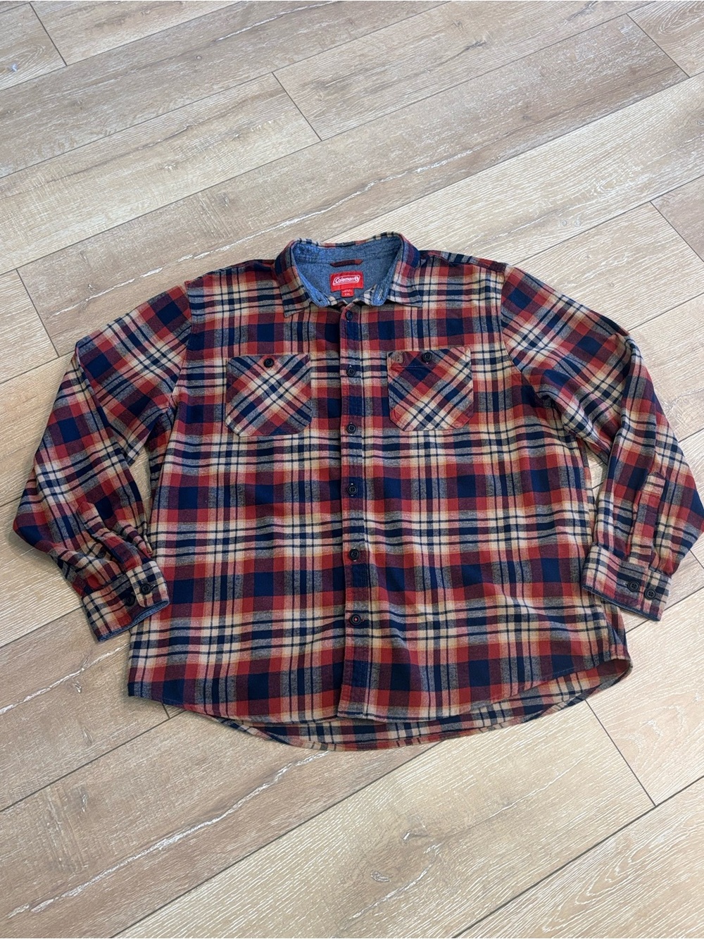 Coleman Men’s XXL Plaid Flannel‎ Button Down Shirt Red Blue Tan 100% Cotton